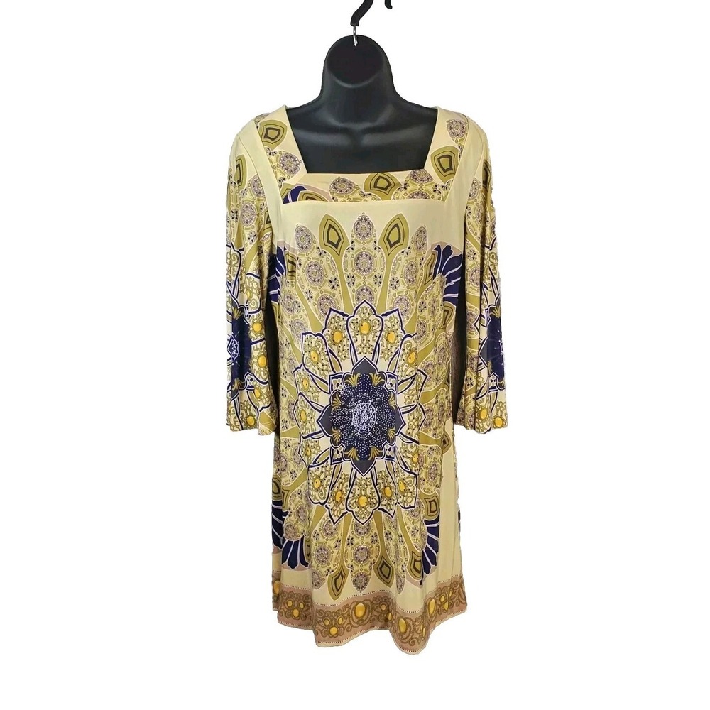 White Mark Couture Dress Stretch Large Mandala Soft Yellow Long Sleeve Sz L